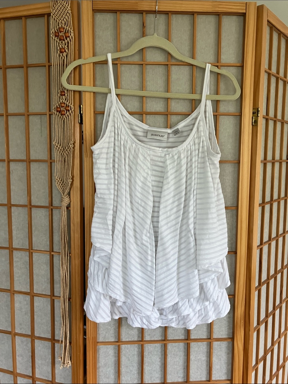 CALLOUT Avenue White Striped Ruffle Camisole Tank